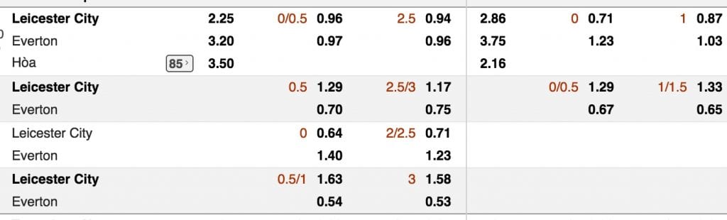 Tỷ lệ cược Leicester City vs Everton lúc 21h ngày 6/10 vòng 8 NHA 3