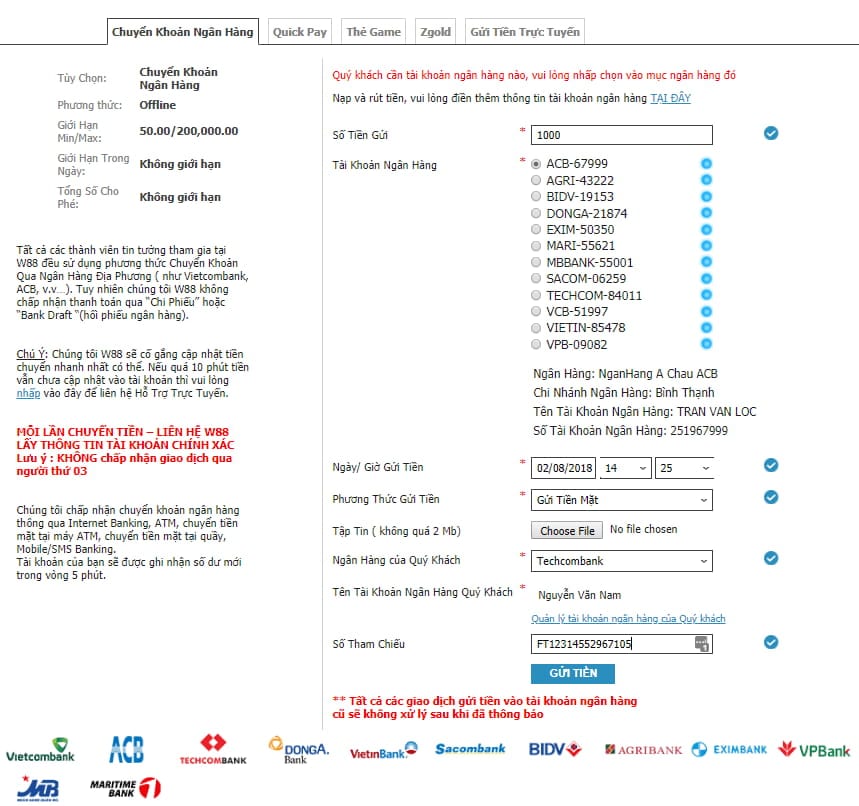 Hoàn thành gửi tiền w88 Hoan thanh gui tien w88