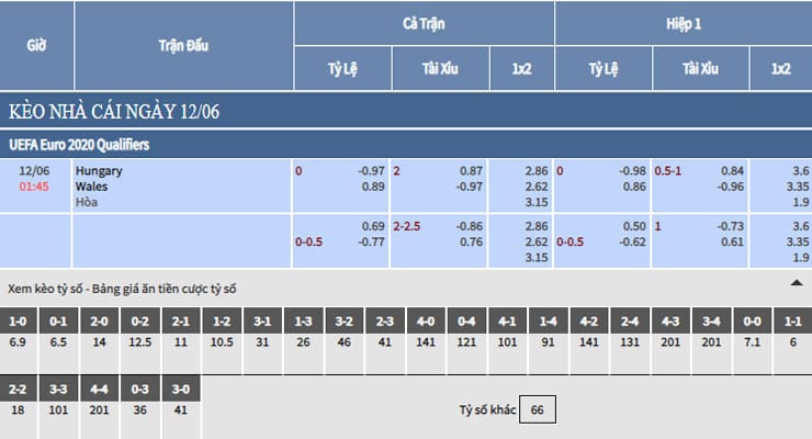 Bảng tỷ lệ kèo nhà cái trận Hungary vs Wales