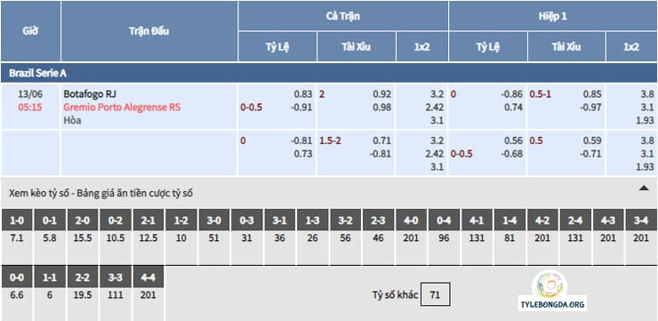 Bảng tỷ lệ soi kèo bóng đá Botafogo vs Gremio Bảng tỷ lệ soi kèo bóng đá Botafogo vs Gremio
